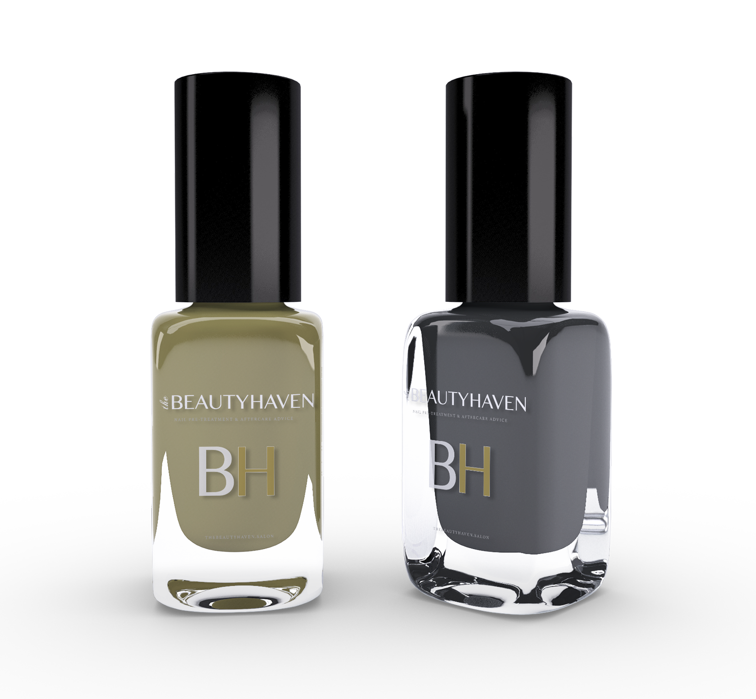 two gel nail bottles in the Beauty Haven colours of gold and armidillo