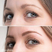 a before and after of a blonde white woman showing eyes brows close up 