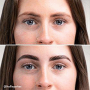 a before and after of a brunette white woman showing eyes brows close up 